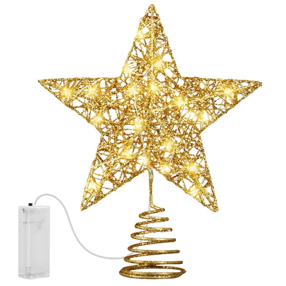 Fohil Christmas Tree Topper 10" Golden Glittered Star Tree Topper with 20 LED Lights Xmas Tree Topper Star for Xmas Decorations