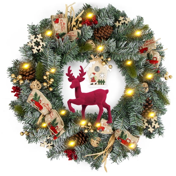 Fohil Christmas Wreath with LED Lights 24inch Round Artificial Plant Wreath with Pine Cones Red Berries Christmas Decorations Front Door Window Decor