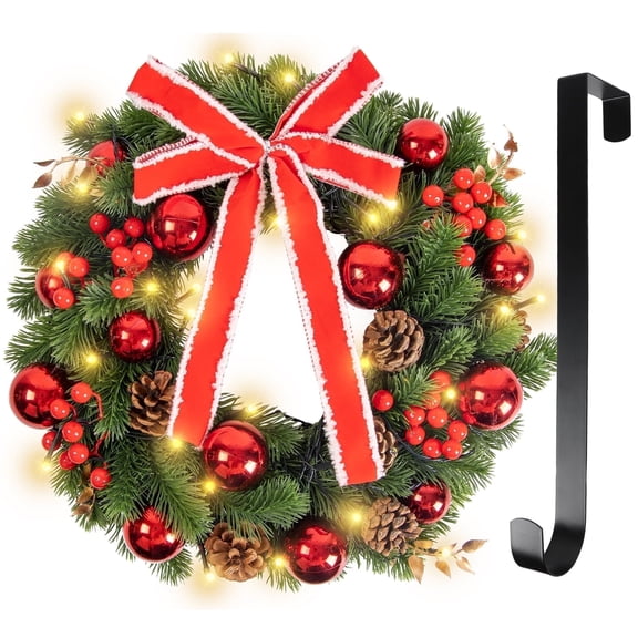 Fohil Christmas Wreaths, 16 Inch 30 LED Red Bow Christmas Wreath with Lights Pinecones Red Berries Ball Ornaments, Battery Operated Artificial Xmas Wreath Decorations Outdoor Indoor Fireplace Window