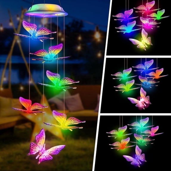 Fohil Color Changing Butterfly ABS Solar Wind Chimes, Waterproof LED Outdoor Decor