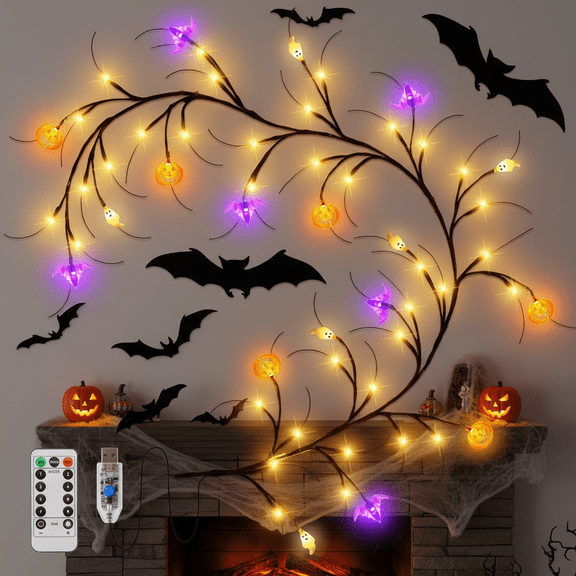 Fohil Lighted Halloween Garland 6ft 54 LED Willow Vine Twig Decor Pumpkin Bat Ghost Battery Operated String Lights Indoor Outdoor Halloween Decoration