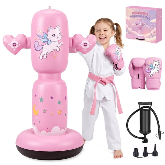 Fohil Punching Bag for Kids 61 inch Freestanding Heavy Punching Bag with Boxing Gloves & Pump Pink Inflatable Boxing Toy Gifts,for Practicing Karate,Taekwondo,De-Stress