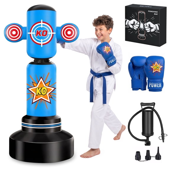 Fohil Punching Bag for Kids 63 inch Freestanding Heavy Boxing Bag with Boxing Gloves & Pump Inflatable Punching Bag Set Toy Gifts,for Practicing Karate,Taekwondo,De-Stress