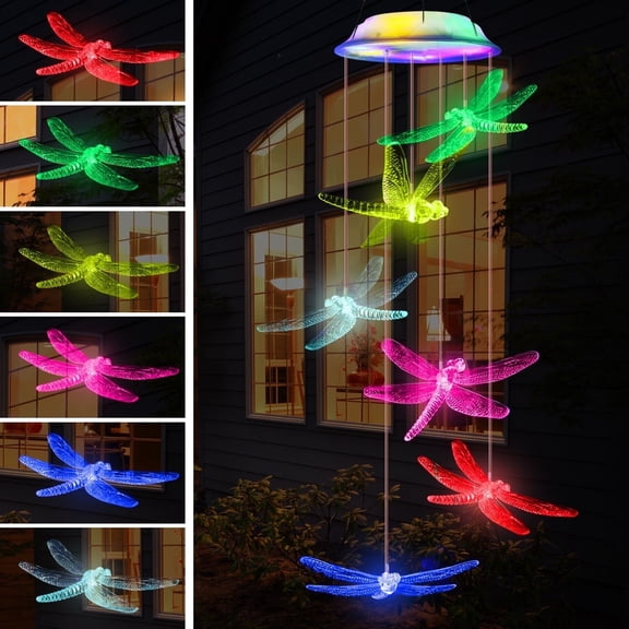 Fohil Solar Dragonfly Wind Chimes, Colors Changing Solar Wind Chime Lights, Waterproof Solar Outdoor Lights
