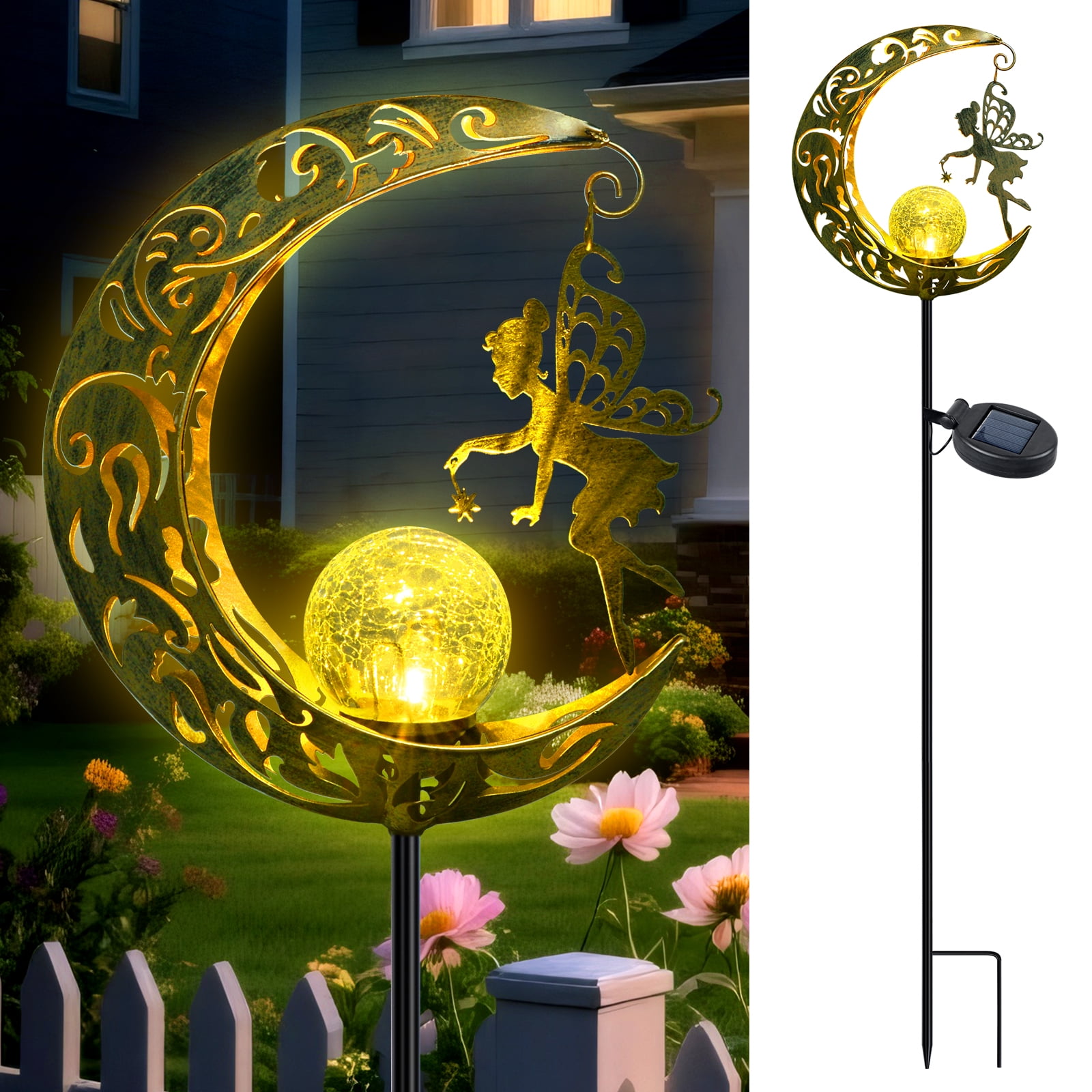 Fohil Solar Garden Lights, Metal Fairy Moon Glass Globe Pathway Solar Landscape Lights, Waterproof Solar Light Outdoor for Garden, Yard, Walkway, Lawn, Patio, Courtyard