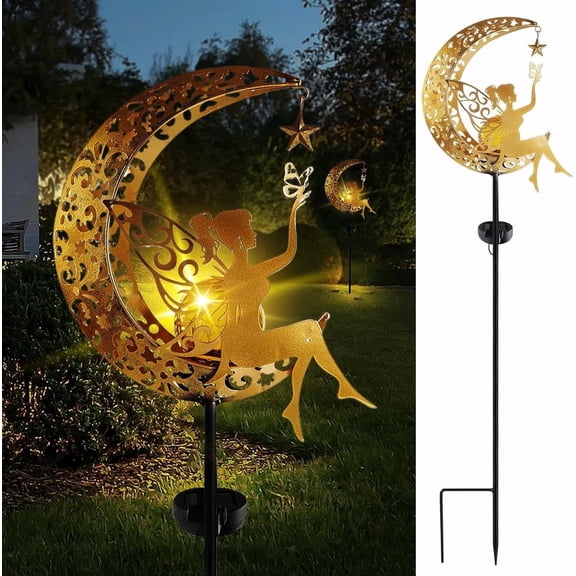 Fohil Solar Garden Landscape Walkway Light Metal Fairy Moon Glass Globe Pathway Stake Outdoor Waterproof LED