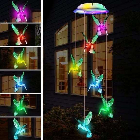 Fohil Solar Hummingbird Wind Chimes, Colors Changing Solar Wind Chime Lights, Waterproof Solar Outdoor Lights