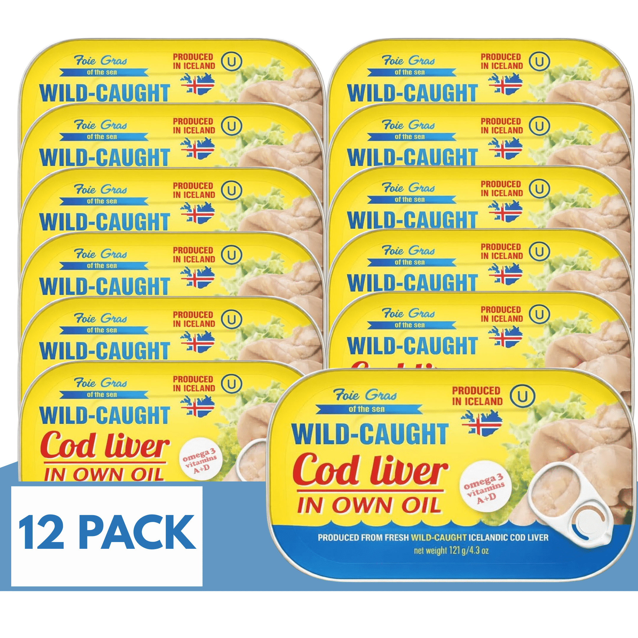 Foie Gras of the Sea Icelandic Wild Caught Cod Liver Canned in Own Oil, 4.3 oz (Pack of 12) Rich in Omega-3, Vitamin D - Kosher
