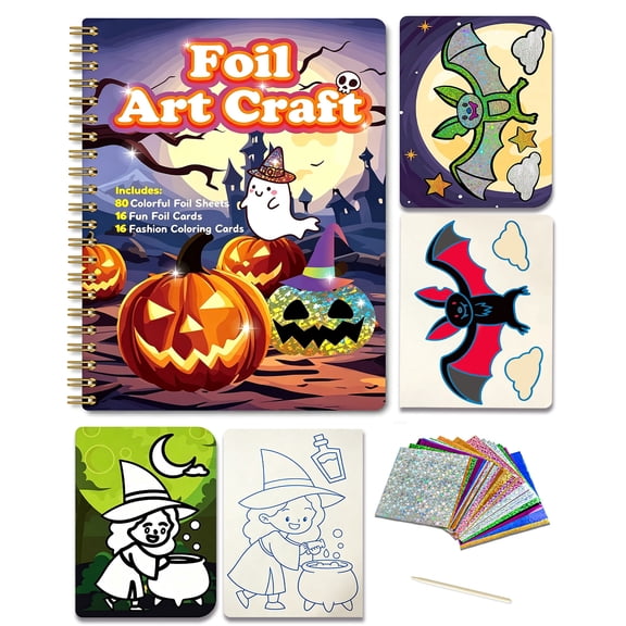 Shiyi Art Foil Art Fun Kit, No Mess Diy Halloween Craft Set with Coloring Books & Foam Stickers for Kids Ages 4-9