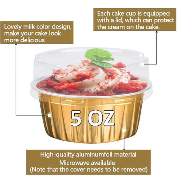 Foil Baking Cups with Lids,35 pcs 5oz Aluminum Foil Cupcake Cups Liners,Mini Cake Pans,Disposable Muffin Tins,Snack Pudding Dessert Cup with Lid,Disposable Ramekins Containers Flans (Gold)