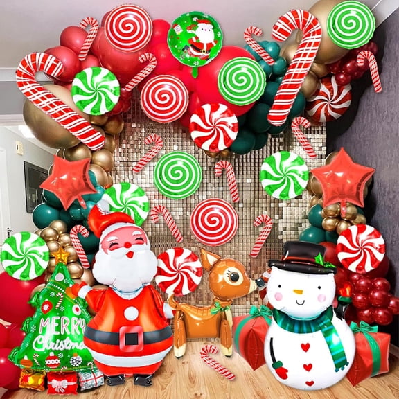 "Foil Balloon Set Giant Santa Claus Snowman Balloons Large Candy Cane Swirl Mylar Balloons B'day Candies Party Decor Star Gift Box Elk Xmas Tree Mylar Balloons Decor, Red&green