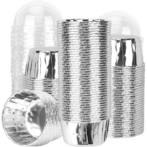 Foil Cupcake Liners, 3.5oz 100pcs Disposable Silver Mini Muffin Liners for Baking, Cupcake Ramekins Containers Holders Baking Cups with Plastic Lids for Wedding Birthday Party Picnic Camping