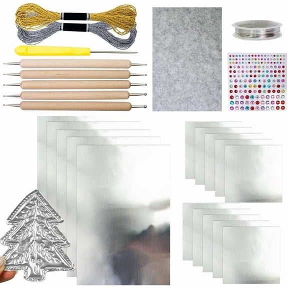 Foil Embossing Kit, Metal Embossing Foil Sheets Art Kit, Foils Art Accessory Set, Gold/Silver Foils Sheets Decorative Tools, Engraving Painting Tool for Craft Tin Aluminum Roll Paper