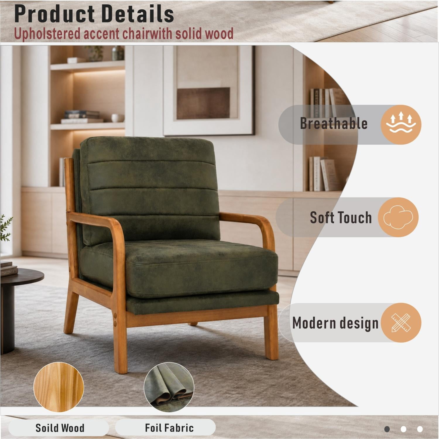 Foil Fabric Accent Chair with Solid Wood Frame, Modern Lounge Chair and Curved Armrest Reading Chair for Living Room Bedroom, Olive Green