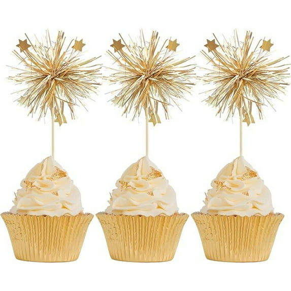 Foil Firework Cupcake Toppers 30 Pcs Sparkle Tinsel Picks Toothpick for Birthdays Parties Gold