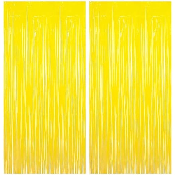 Foil Fringe Curtain Backdrop - 2 Pack Yellow Tinsel Photo Booth Backdrop Party Streamers for Easter, Birthdays, Christmas, Lemon, Pineapples Party Decorations