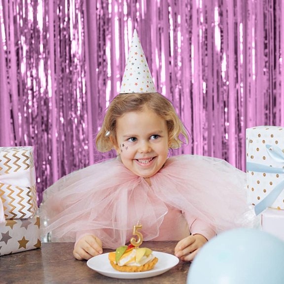 Foil Fringe Curtain Shiny Tinsel Streamer Backdrop Door Wall Hanging Photo Booth Background For Birthday Christmas Party Decor(Pink-2M)
