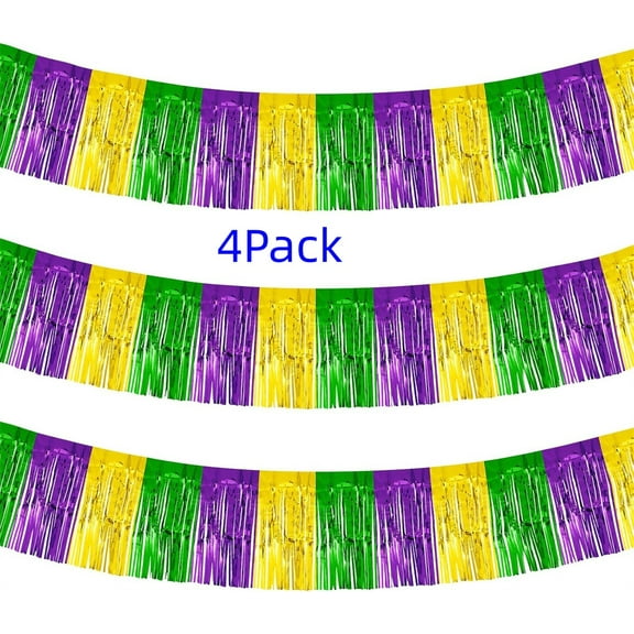 Foil Fringe Garland 10FT 4packs, Metallic Foil Tinsel Fringe Banners for Parade Float Decorations Wedding, Birthday Mardi Gras Party Graduation