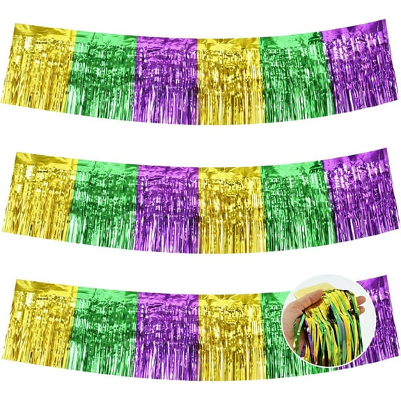 Foil Fringe Garland, Metallic Tinsel Garland, Wall Hanging Fringe Bannerfor Mardi Gras Birthday Party Homecoming Decoration 4 Pack 10 Feet (Green Gold Purple)