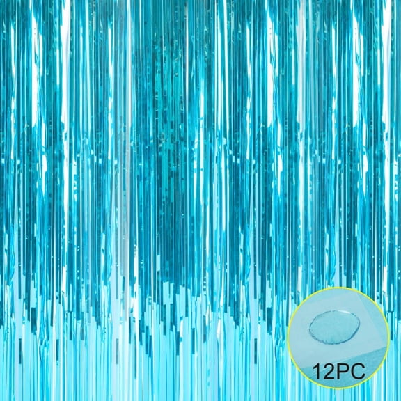 Foil Fringe Metallic Curtain Backdrops - with Balloon Sticks 3.3FTX6.6FT Tinsel Shiny Curtains Perfect for Photo Booth Party/Window/Door Decorative Fringe Curtains,1 Pair Light Blue