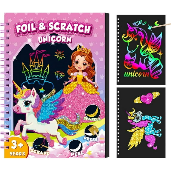 Foil Fun Unicorns and Princess & Scratch ,No Mess Crafts for Girls,DIY Creative Activity Kit,Gifts for Girls Ages 4,5,6,7,8,9, Travel Toys