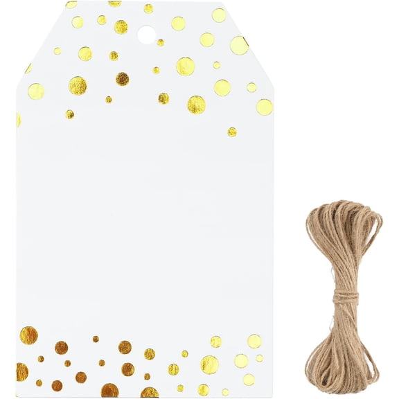 Foil Gold Dots Gift Tags, White Paper HangTags with String, Metallic Gold Dots Present Tags, Personalized Blank Labels for Wedding, Birthday, Party Favors