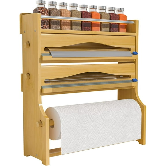 Foil Plastic Wrap Organizer Dispenser - Wall Mounted Bamboo Kitchen Paper Towel Holder with Spice Shelf,4 in 1 12" Roll Dispenser with Cutter