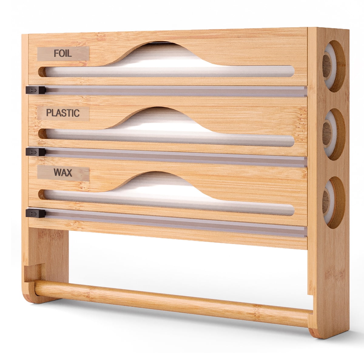 Foil and Plastic Wrap Organizer, Paper Towel Holder Wall Mount, 5 in 1 Plastic Wrap Food Dispenser with Cutter for Wax Paper Parchment Roll Aluminum Foil Dispenser for Kitchen Organization Storage