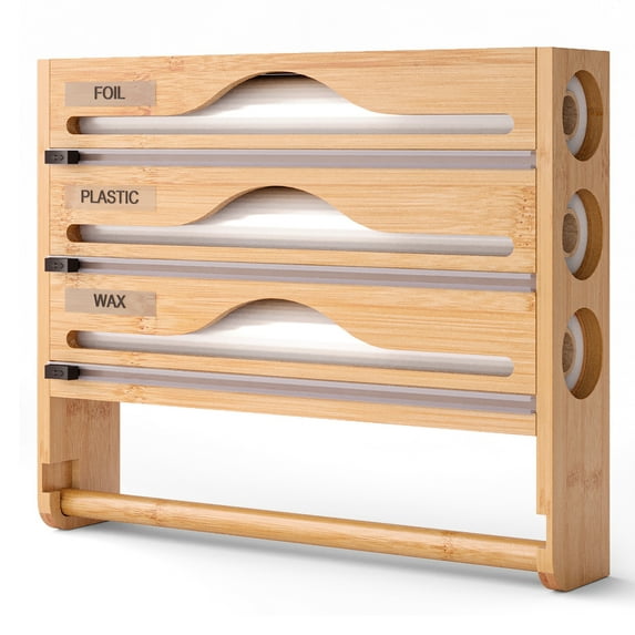 Foil and Plastic Wrap Organizer, Paper Towel Holder Wall Mount, 5 in 1 Plastic Wrap Food Dispenser with Cutter for Wax Paper Parchment Roll Aluminum Foil Dispenser for Kitchen Organization Storage