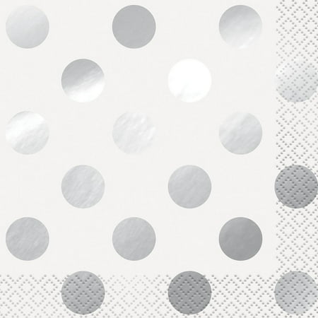 Foil Polka Dot Paper Beverage Napkins, Silver, 16ct
