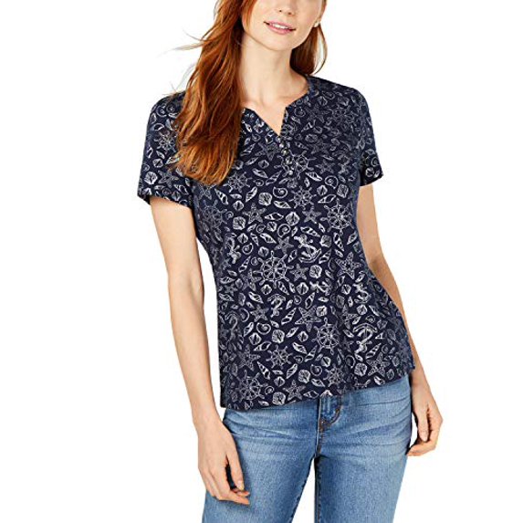 Foil-Print Split-Neck T-Shirt Intrepid Blue L