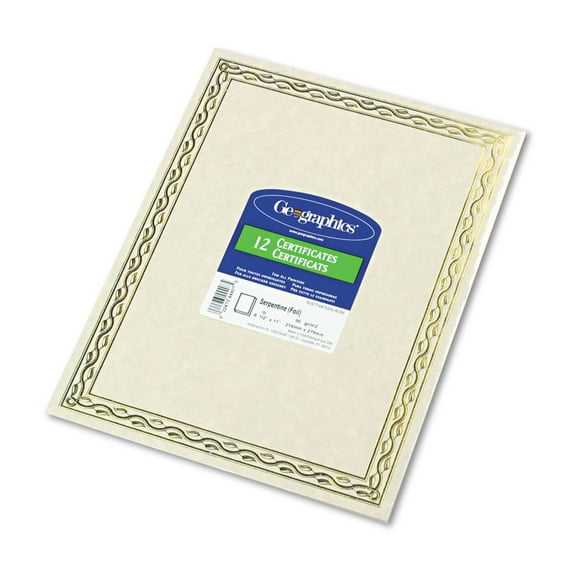 Geographics 44407 8.5 in. x 11 in. Foil Stamped Award Certificates - Gold Serpentine with White Border (12/Pack)