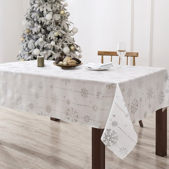 Elrene Home Fashions Foil Wonderland Snowflake Holiday Fabric Tablecloth, Ivory, 60" x 84" Rectangle
