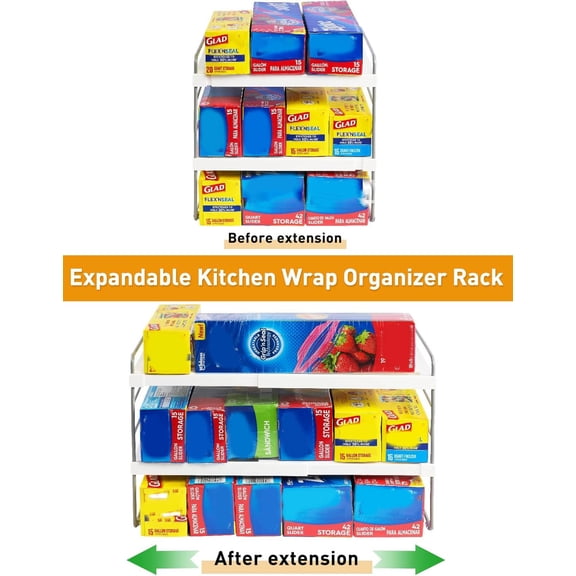 Foil and Plastic Wrap Organizer, Expandable Kitchen Pantry Storage, Adjustable Cabinet Rack for Kitchen Organization