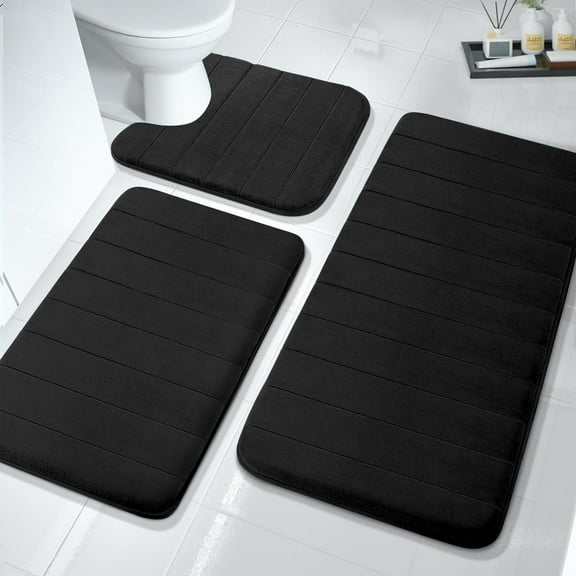 Foinwer Memory Foam Solid Black Velvet Microfiber Bath Rug Set, 47" x 19", (3 Count)