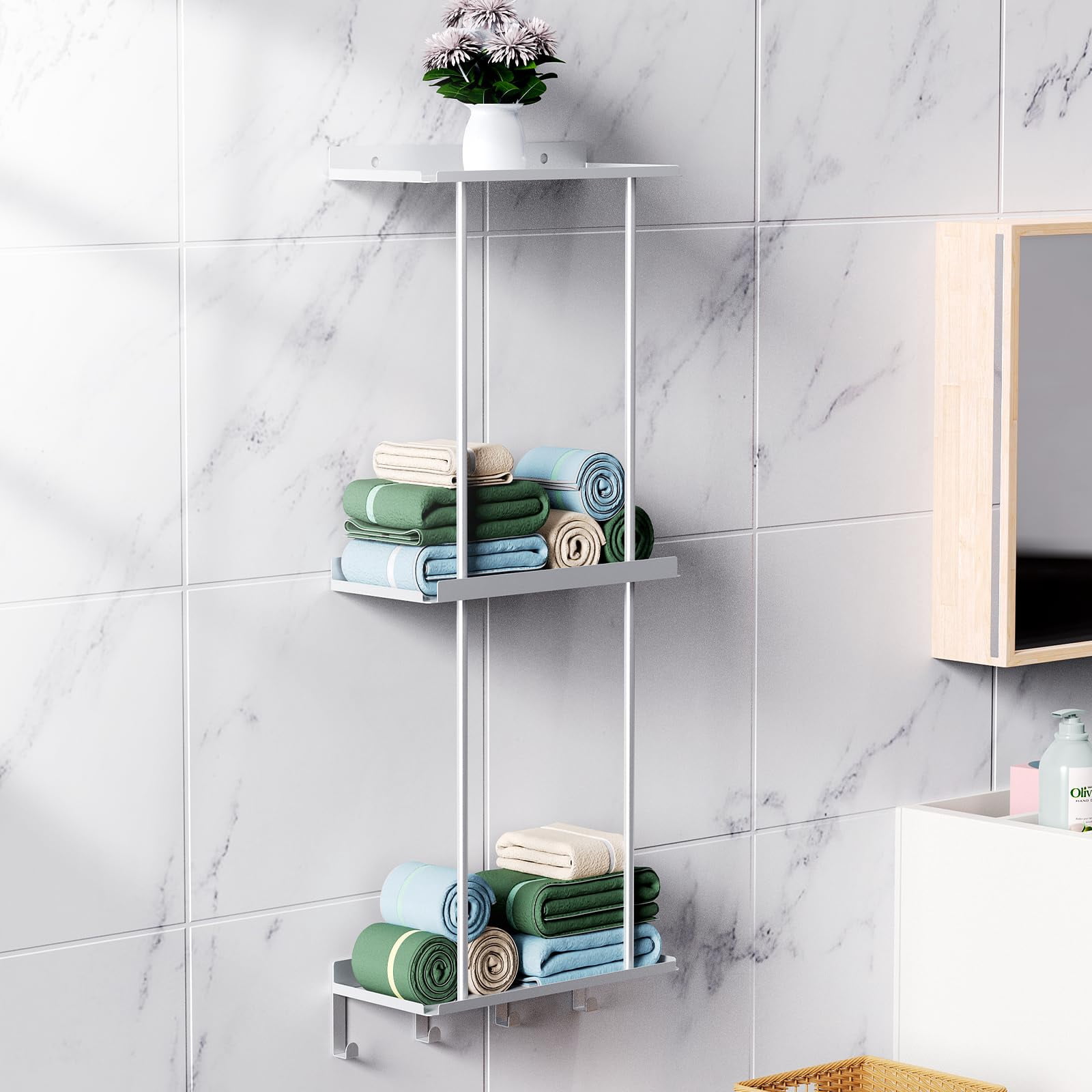 Foirfe 3 Tier Wall Mounted Bathroom Towel Storage Rack with Wood Shelf ...