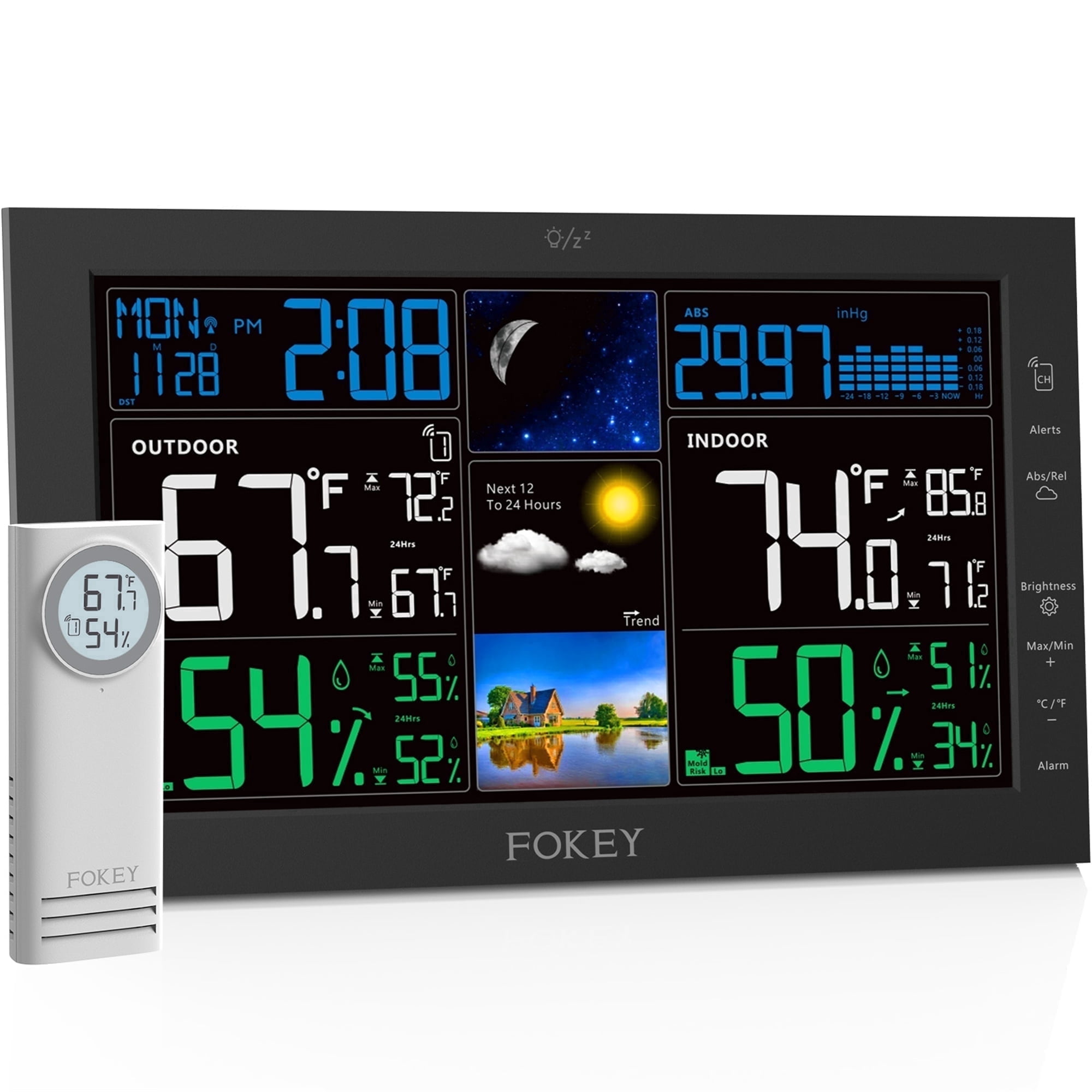 FOKEY 7.5" Color Display Digital Weather Station for Home with 1 Outdoor Sensor, Indoor Outdoor Thermometer with Humidity Monitor, Alarm, Forecast, Black