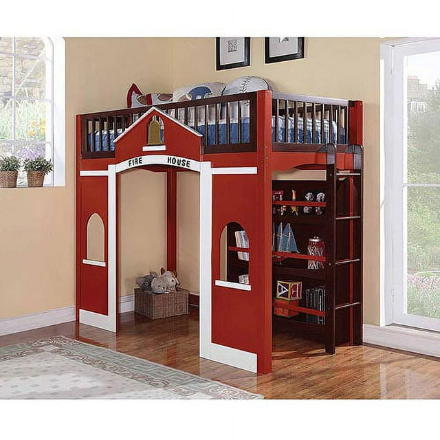 Fola Collection Fire House Twin Loft Bed, Red and Espresso