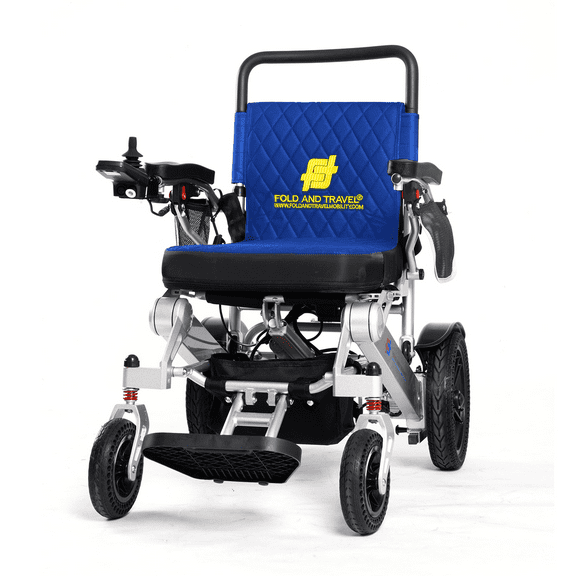 Fold And Travel Auto Fold Remote Control Light weight Portable Electric Power Wheel chair - Blue Seat, Silver Frame