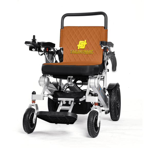 Fold And Travel Auto Fold Remote Control Lightweight Portable Electric Power Wheelchair - Brown Seat, Silver Frame with 2 Batteries