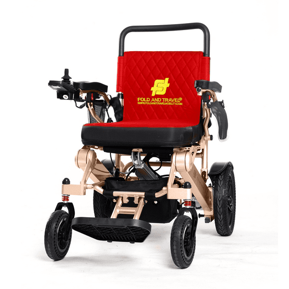 Fold And Travel Auto Fold Remote Control Lightweight Portable Electric Power Wheelchair - Gold Frame, Red Seat