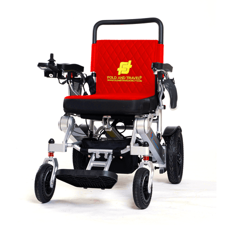 Fold And Travel Auto Fold Remote Control Lightweight Portable Electric Power Wheelchair - Red Seat, Silver Frame with 2 Batteries