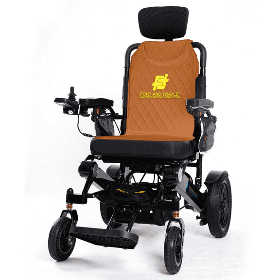 Fold And Travel Auto Recline Light weight Fold able Electric Power Portable Wheel chair - Black Frame, Brown Seat