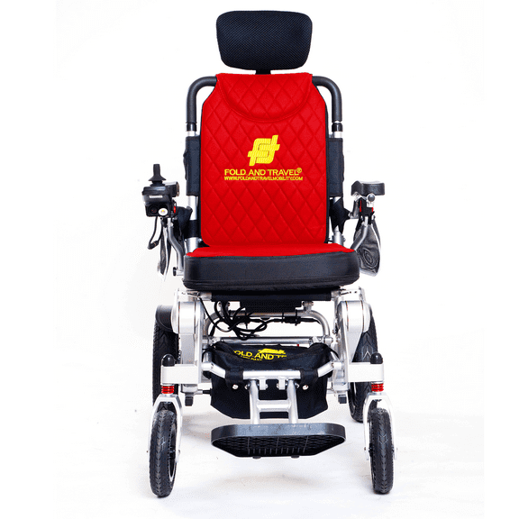 Fold And Travel Auto Recline Light weight Fold able Electric Power Portable Wheel chair - Silver Frame, Red Seat