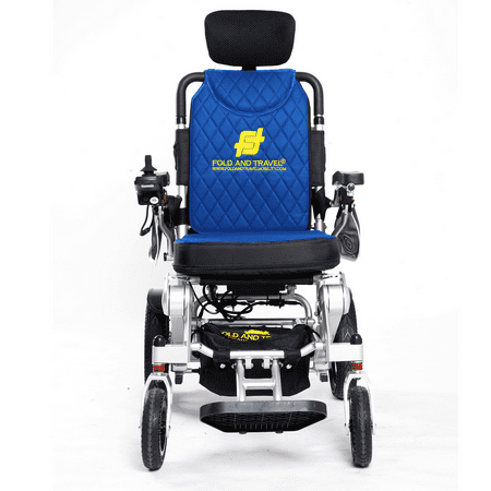 Fold And Travel Auto Recline Lightweight Foldable Electric Power Portable Wheelchair - Blue Seat, Silver Frame