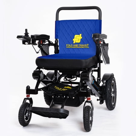 Fold And Travel Lightweight Foldable Remote Control Portable Electric Power Wheelchair - Blue Seat, Black Frame with 2 Batteries