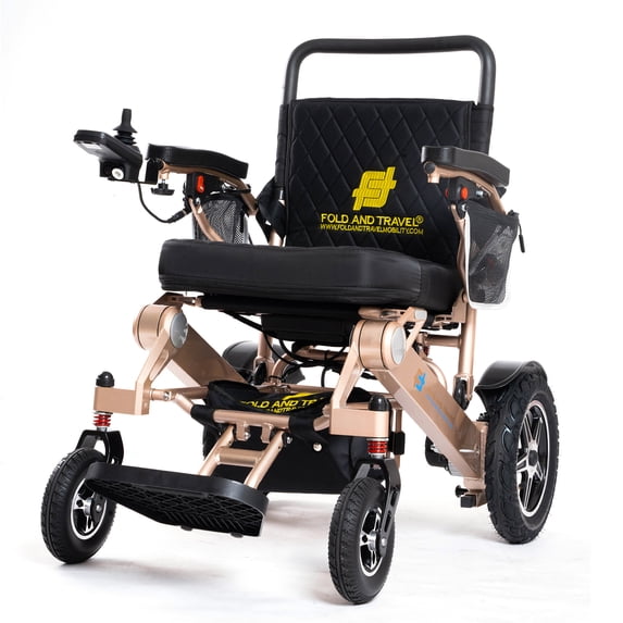 Fold And Travel Lightweight Foldable Remote Control Portable Electric Power Wheelchair - Gold Frame, Black Seat