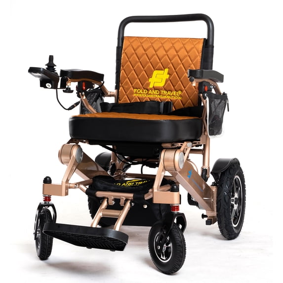 Fold And Travel Lightweight Foldable Remote Control Portable Electric Power Wheelchair - Gold Frame, Brown Seat