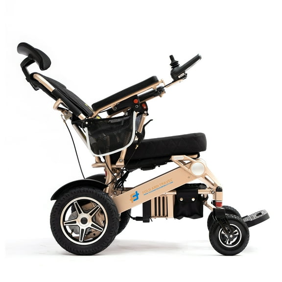 Fold And Travel Manual Recline Light weight Fold able Electric Power Portable Wheel chair - Gold Frame, Brown Seat