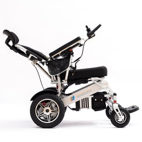 Fold And Travel Manual Recline Light weight Fold able Electric Power Portable Wheel chair - Silver Frame, Red Seat